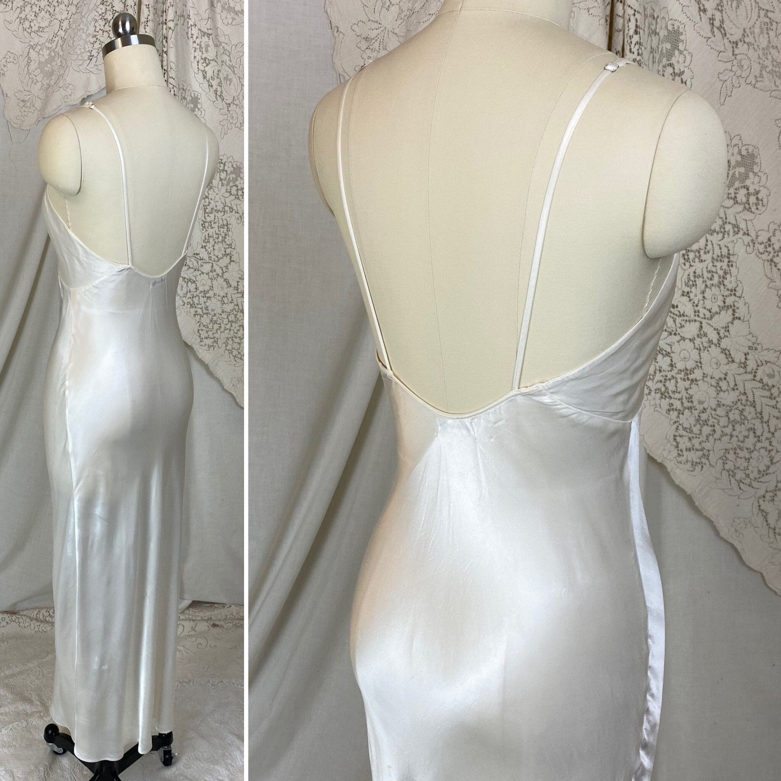 Vintage 1940's Maxi Slip | Pearly White Rayon Satin with Low Back | Size XXS, XS | Laura Lane - Daggers & Dames