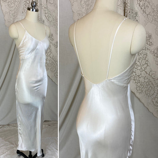 Vintage 1940's Maxi Slip | Pearly White Rayon Satin with Low Back | Size XXS, XS | Laura Lane - Daggers & Dames