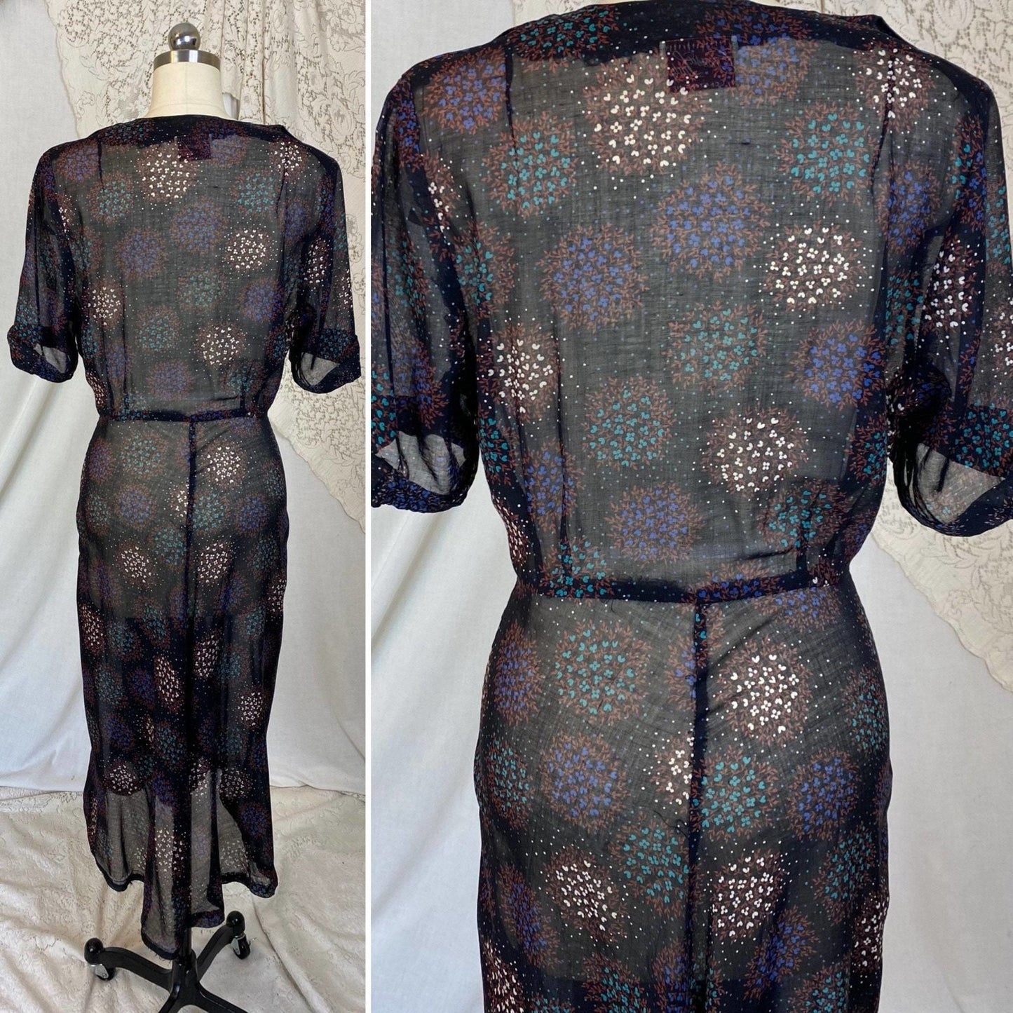 Vintage 1940's Midi Dress | Black Sheer Cotton Organza with Floral Print & Rhinestone Buttons | Size M, LG | Classic Lady - Daggers & Dames