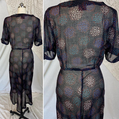 Vintage 1940's Midi Dress | Black Sheer Cotton Organza with Floral Print & Rhinestone Buttons | Size M, LG | Classic Lady - Daggers & Dames