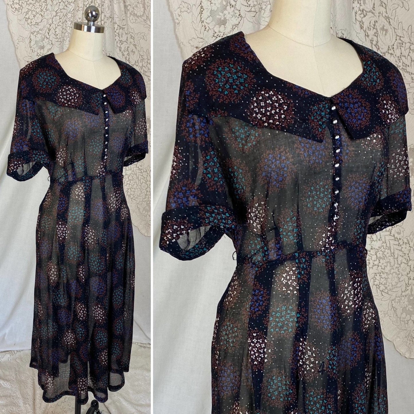 Vintage 1940's Midi Dress | Black Sheer Cotton Organza with Floral Print & Rhinestone Buttons | Size M, LG | Classic Lady - Daggers & Dames