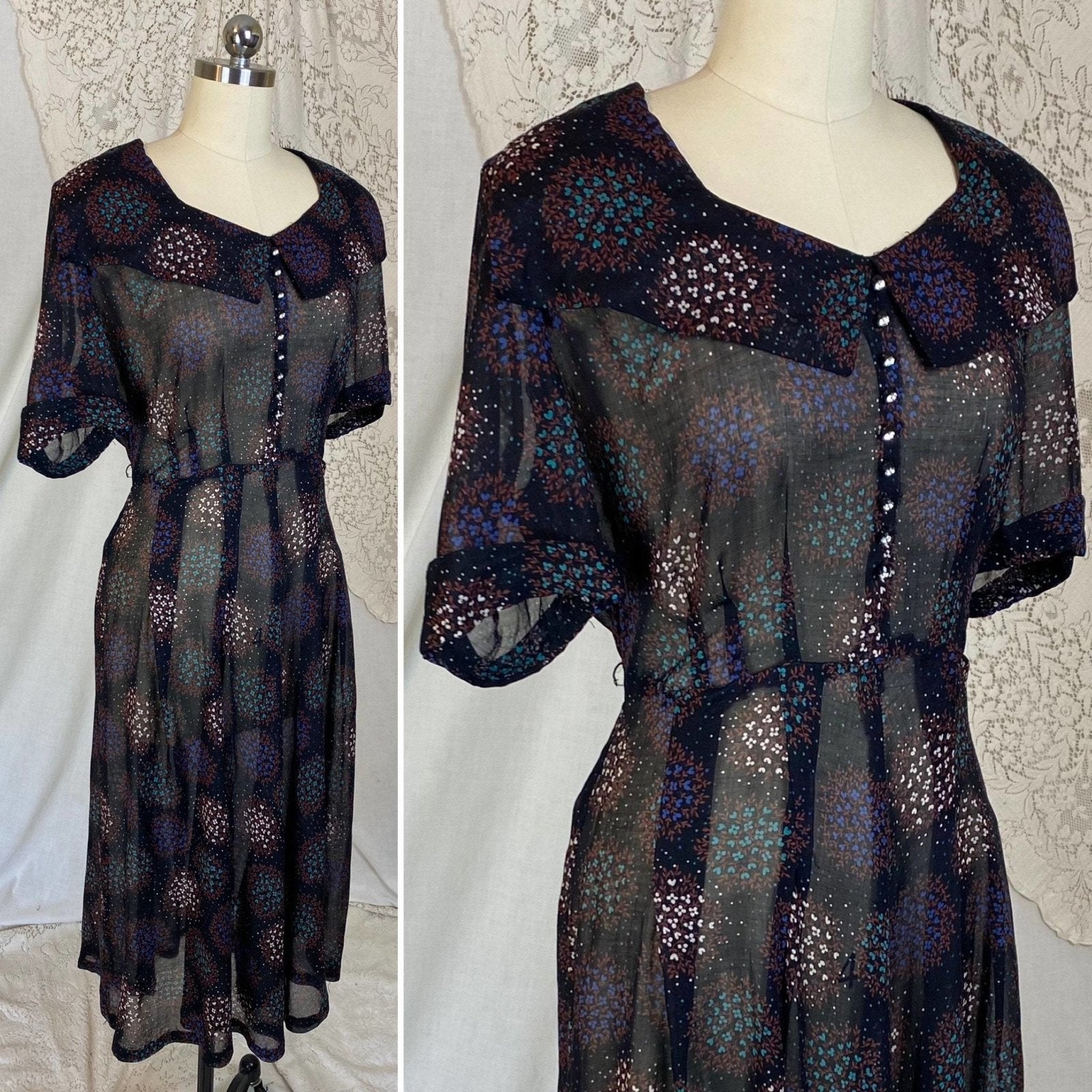 Vintage 1940's Midi Dress | Black Sheer Cotton Organza with Floral Print & Rhinestone Buttons | Size M, LG | Classic Lady - Daggers & Dames