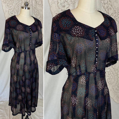 Vintage 1940's Midi Dress | Black Sheer Cotton Organza with Floral Print & Rhinestone Buttons | Size M, LG | Classic Lady - Daggers & Dames