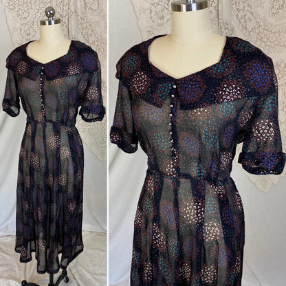 Vintage 1940's Midi Dress | Black Sheer Cotton Organza with Floral Print & Rhinestone Buttons | Size M, LG | Classic Lady - Daggers & Dames
