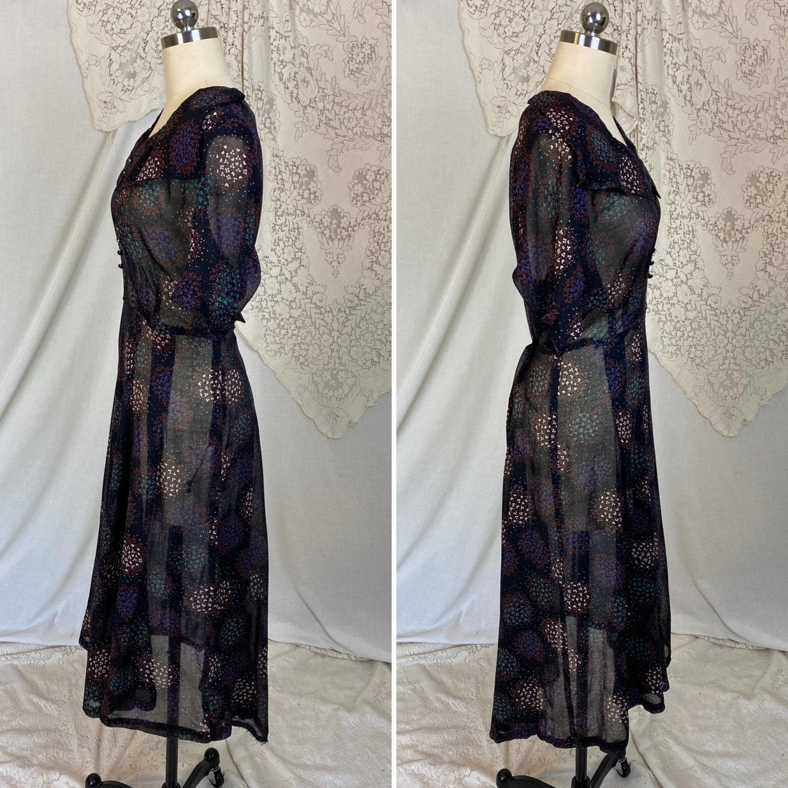 Vintage 1940's Midi Dress | Black Sheer Cotton Organza with Floral Print & Rhinestone Buttons | Size M, LG | Classic Lady - Daggers & Dames