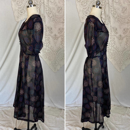 Vintage 1940's Midi Dress | Black Sheer Cotton Organza with Floral Print & Rhinestone Buttons | Size M, LG | Classic Lady - Daggers & Dames