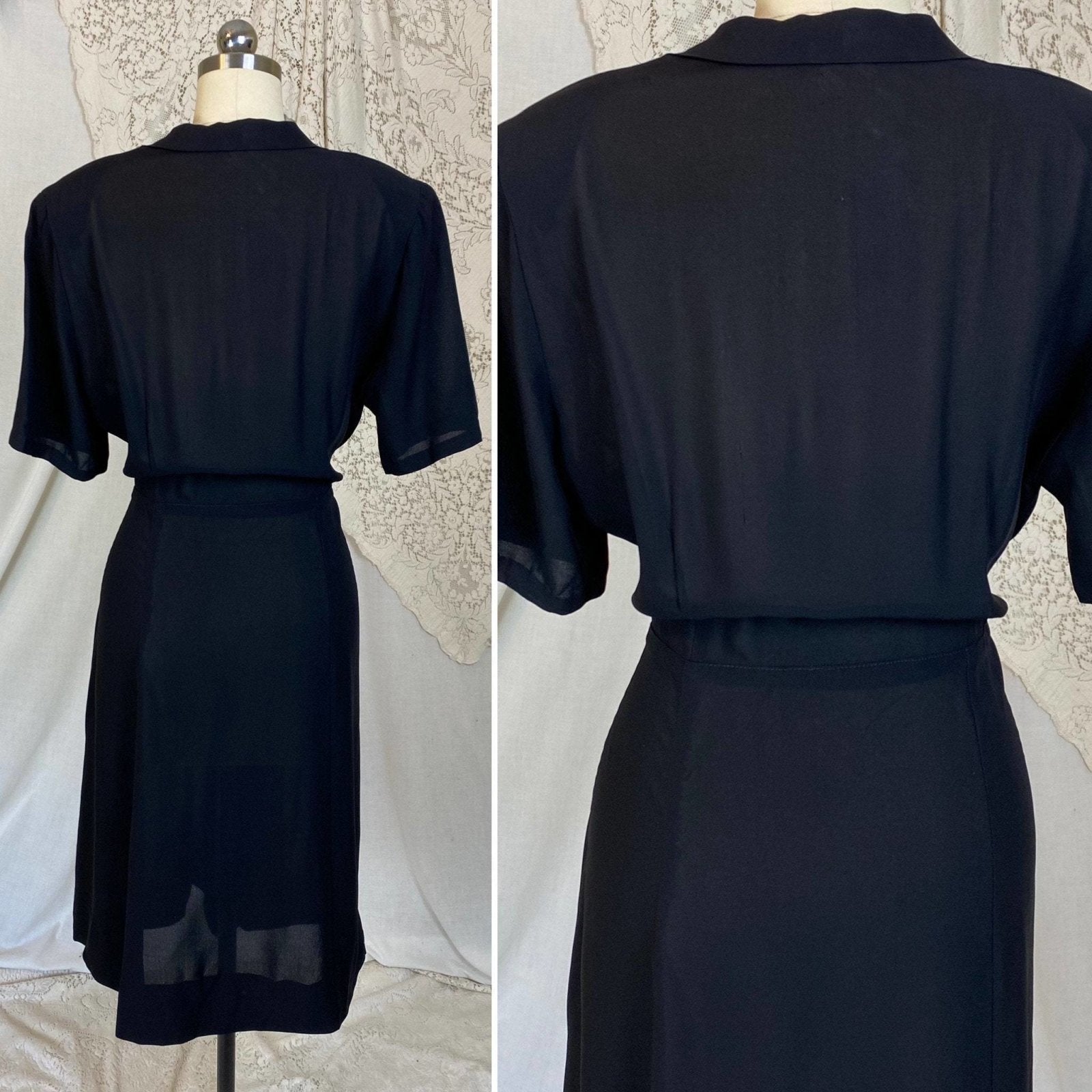 Vintage 1940's Midi Dress | Semi-Sheer Black Rayon Knit | Size XLG - Daggers & Dames