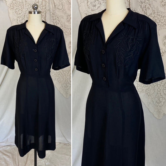 Vintage 1940's Midi Dress | Semi-Sheer Black Rayon Knit | Size XLG - Daggers & Dames