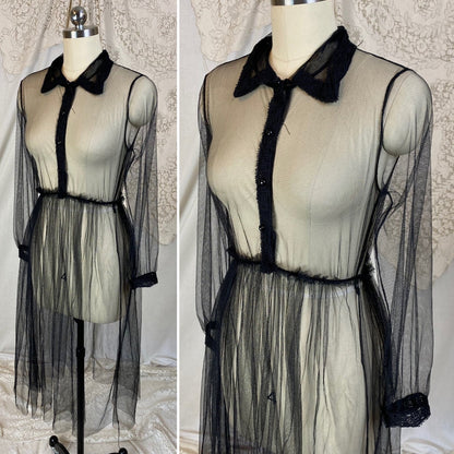 Vintage 1940s Midi Dress | Sheer Black Net with Lace Trim | Size XS, S, M - Daggers & Dames
