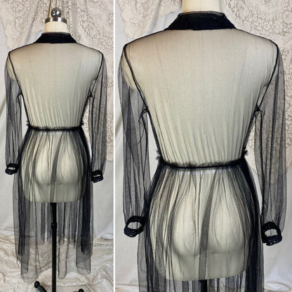 Vintage 1940s Midi Dress | Sheer Black Net with Lace Trim | Size XS, S, M - Daggers & Dames