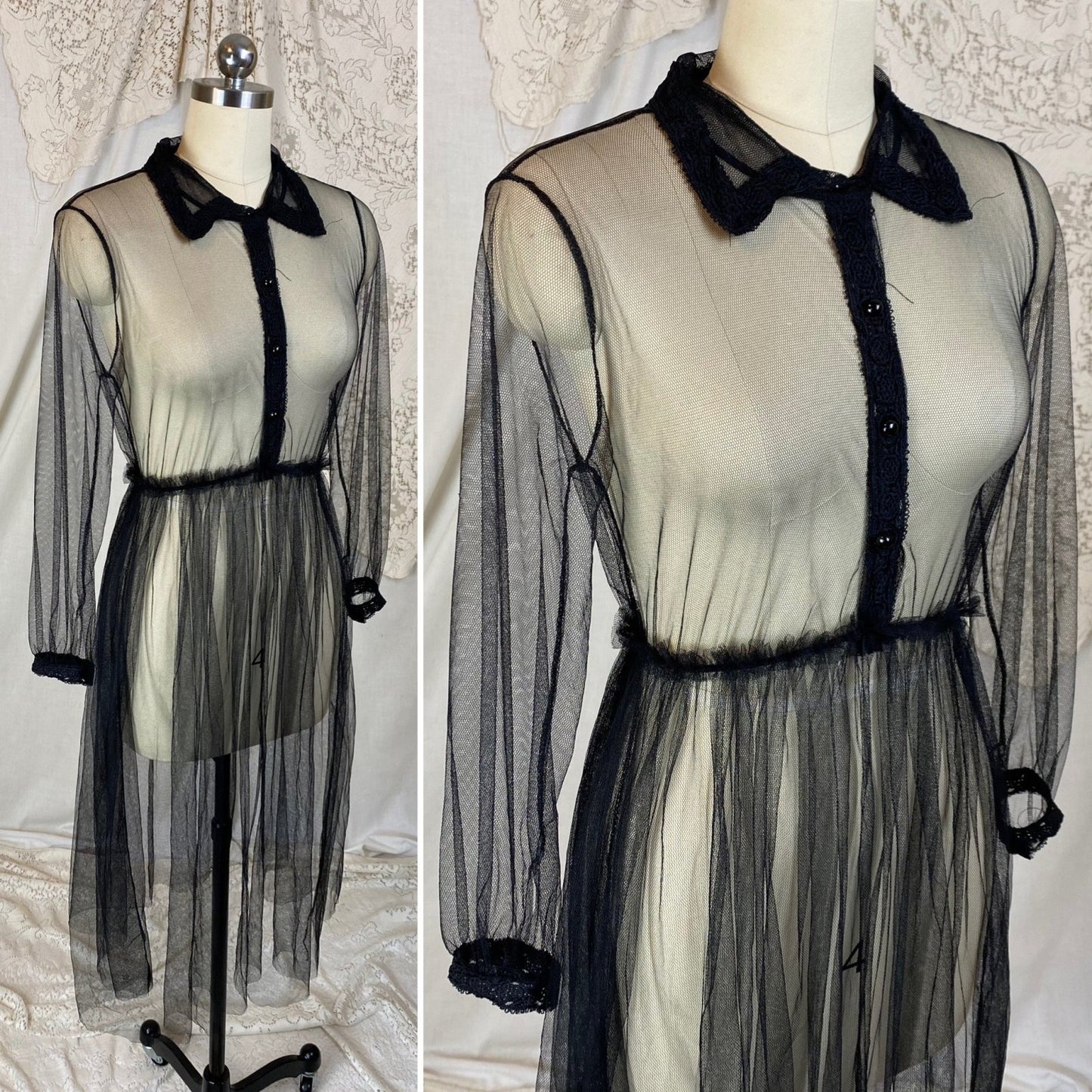 Vintage 1940s Midi Dress | Sheer Black Net with Lace Trim | Size XS, S, M - Daggers & Dames