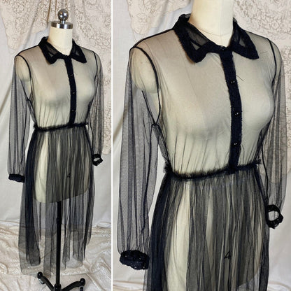 Vintage 1940s Midi Dress | Sheer Black Net with Lace Trim | Size XS, S, M - Daggers & Dames