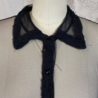 Vintage 1940s Midi Dress | Sheer Black Net with Lace Trim | Size XS, S, M - Daggers & Dames