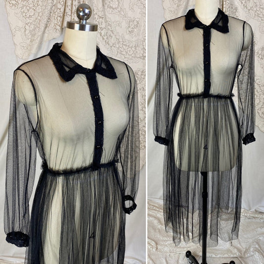 Vintage 1940s Midi Dress | Sheer Black Net with Lace Trim | Size XS, S, M - Daggers & Dames
