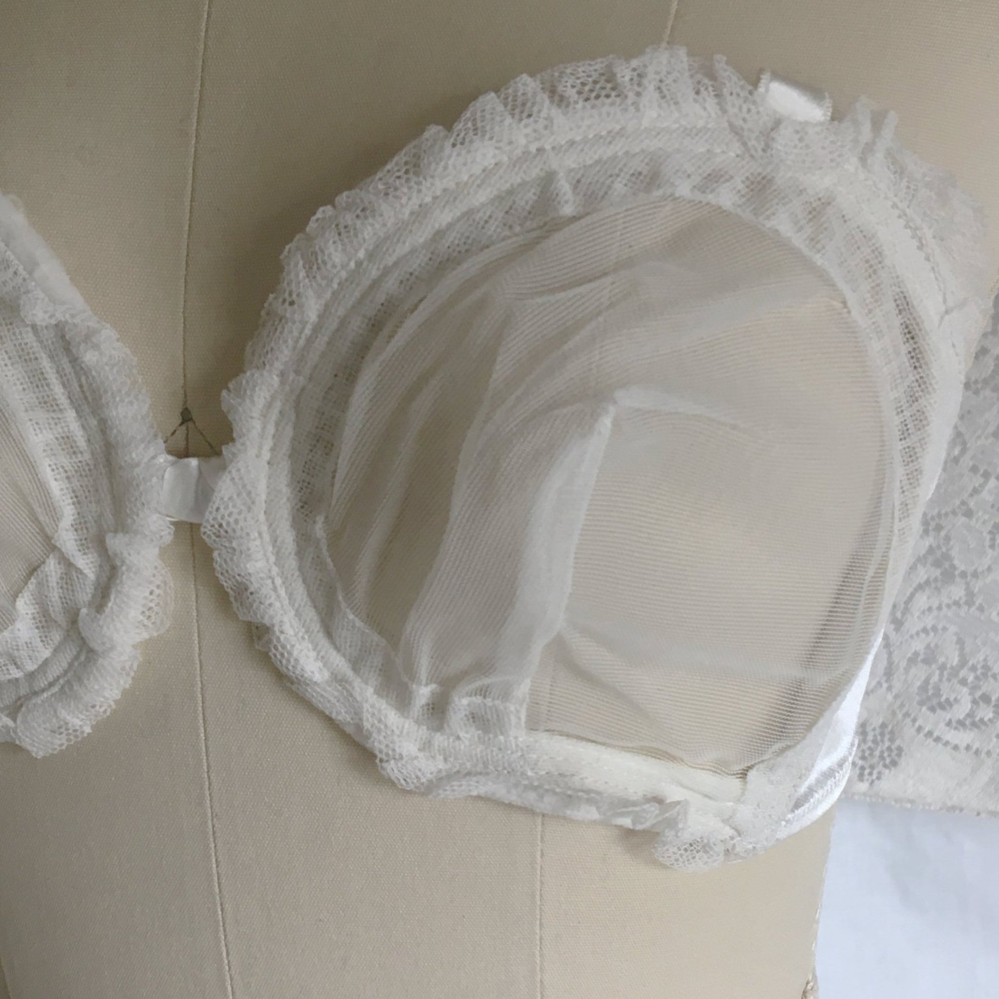 Vintage 1940's Monowire Bra | Sheer White Tulle Mesh with Ruffles & Satin | Lilly of France | Size 32 B, 32 C - Daggers & Dames