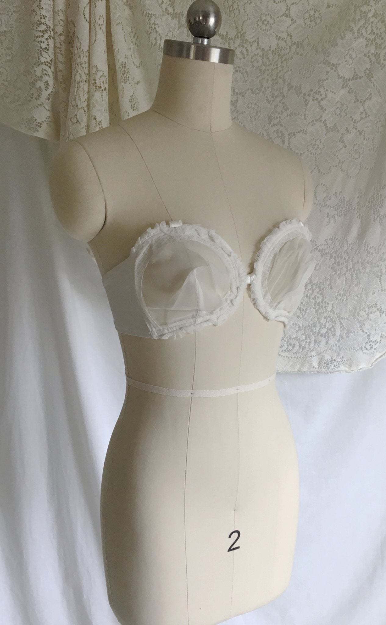 Vintage 1940's Monowire Bra | Sheer White Tulle Mesh with Ruffles & Satin | Lilly of France | Size 32 B, 32 C - Daggers & Dames