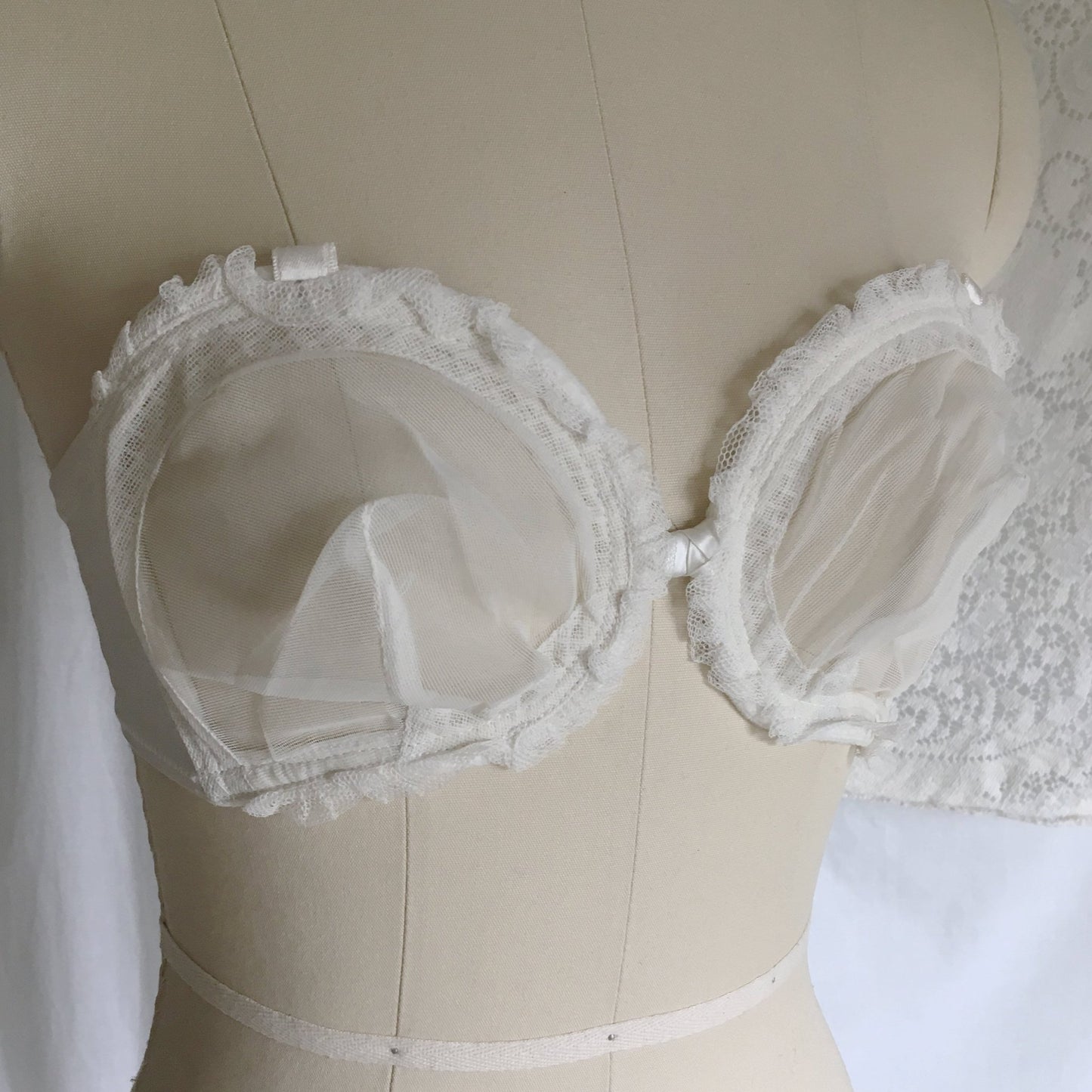 Vintage 1940's Monowire Bra | Sheer White Tulle Mesh with Ruffles & Satin | Lilly of France | Size 32 B, 32 C - Daggers & Dames