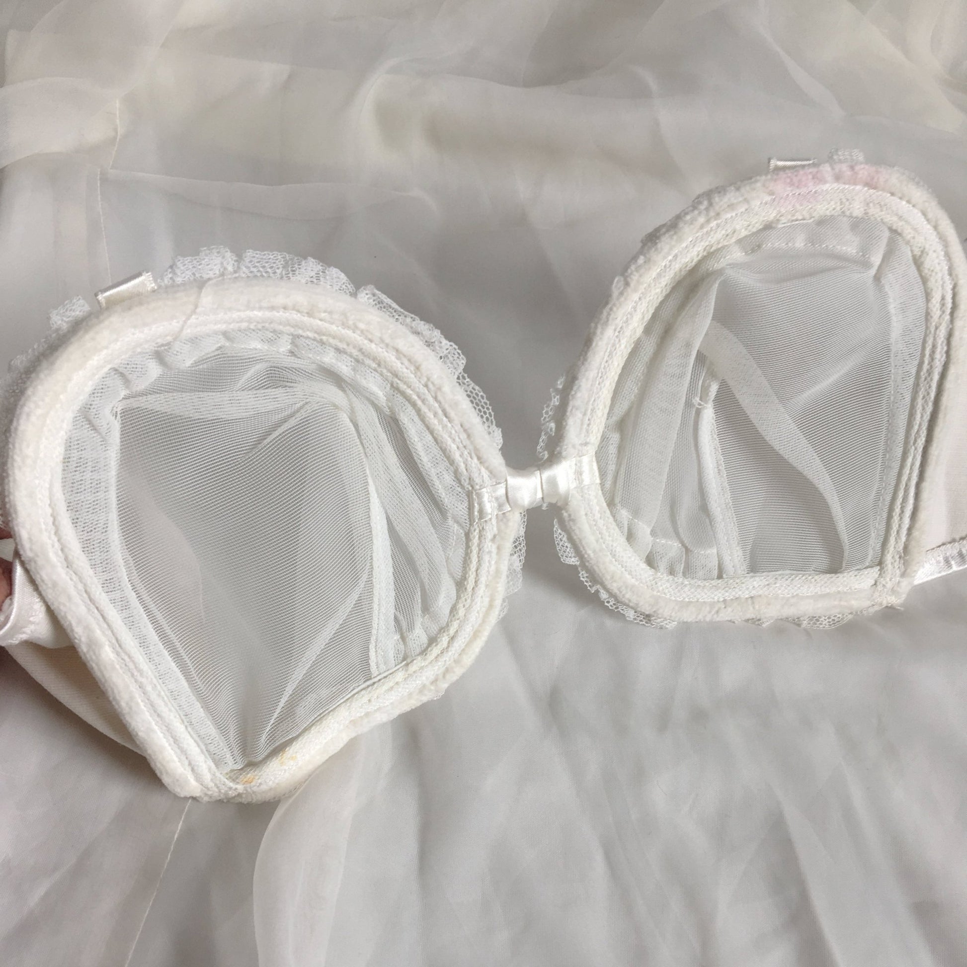 Vintage 1940's Monowire Bra | Sheer White Tulle Mesh with Ruffles & Satin | Lilly of France | Size 32 B, 32 C - Daggers & Dames