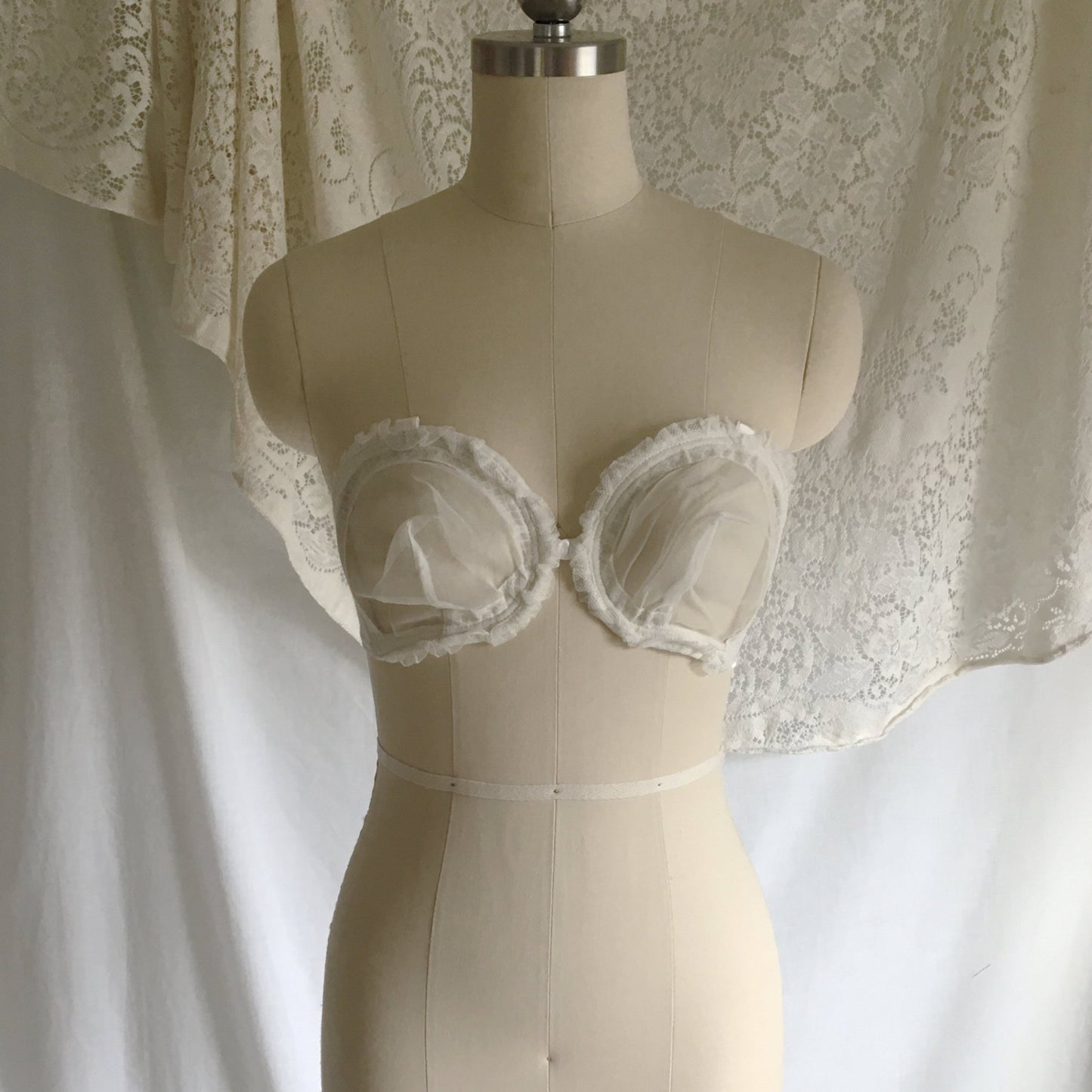 Vintage 1940's Monowire Bra | Sheer White Tulle Mesh with Ruffles & Satin | Lilly of France | Size 32 B, 32 C - Daggers & Dames