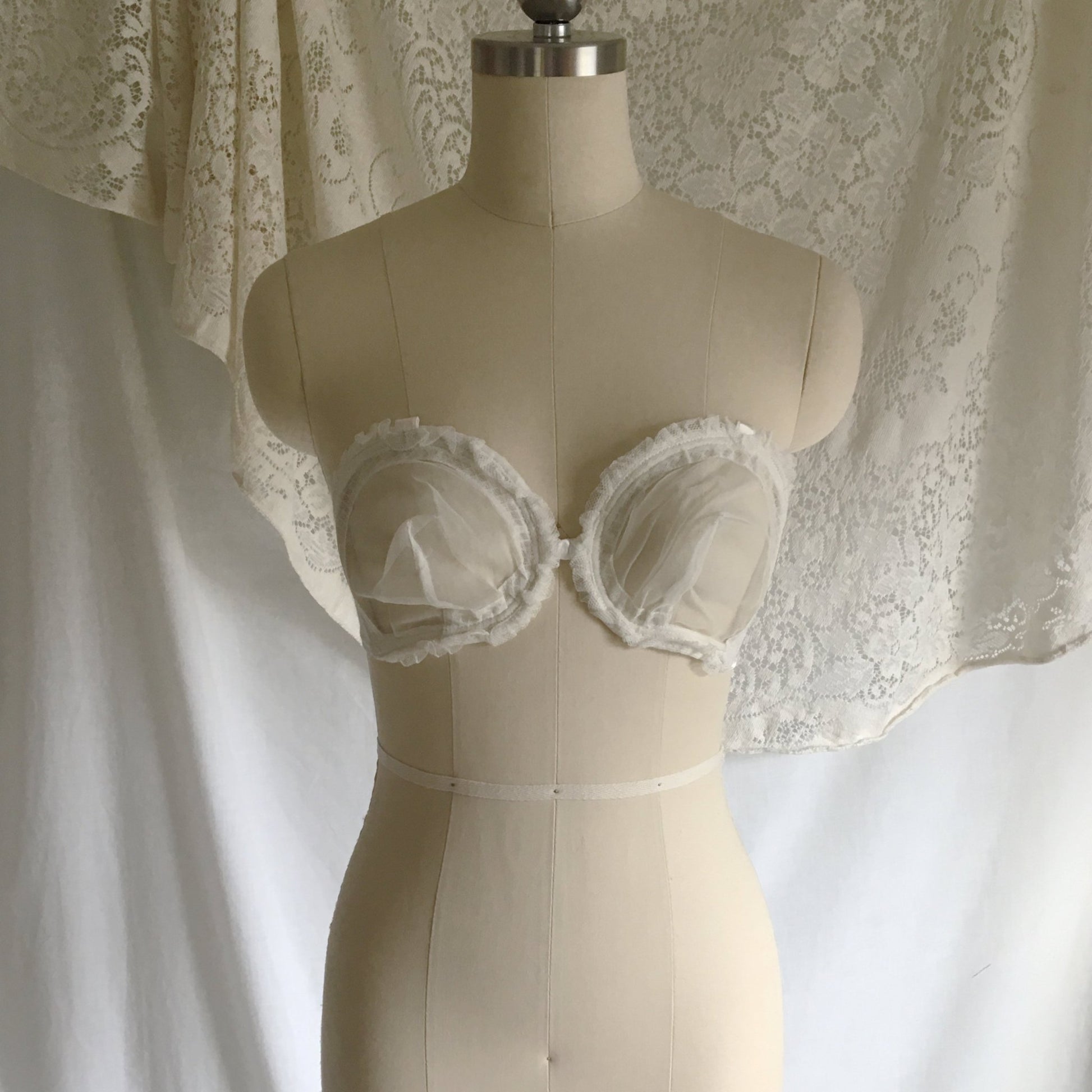 Vintage 1940's Monowire Bra | Sheer White Tulle Mesh with Ruffles & Satin | Lilly of France | Size 32 B, 32 C - Daggers & Dames