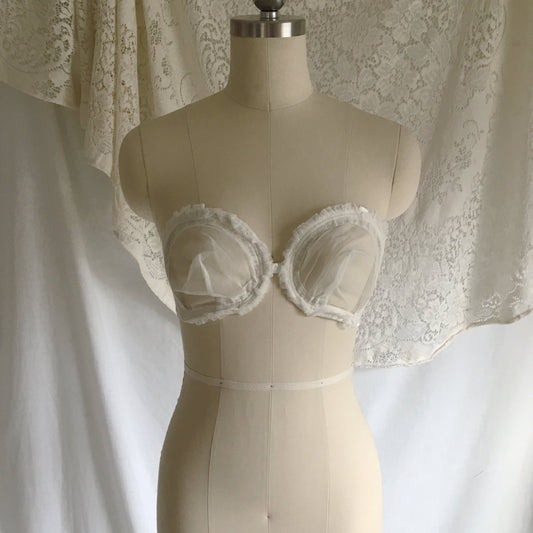 Vintage 1940's Monowire Bra | Sheer White Tulle Mesh with Ruffles & Satin | Lilly of France | Size 32 B, 32 C - Daggers & Dames