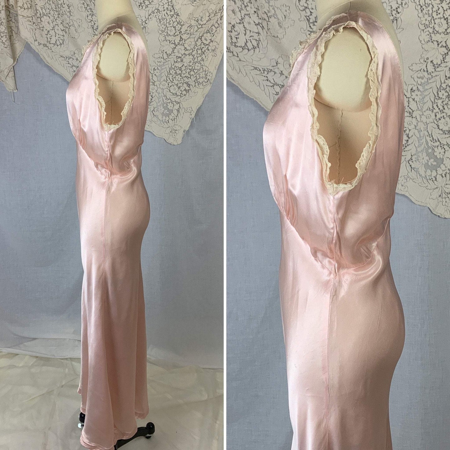 Vintage 1940's Night Gown | Pale Pink Rayon Satin with Floral Appliques & Ruffled Ivory Lace | Size LG, XL - Daggers & Dames