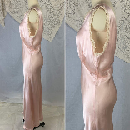 Vintage 1940's Night Gown | Pale Pink Rayon Satin with Floral Appliques & Ruffled Ivory Lace | Size LG, XL - Daggers & Dames