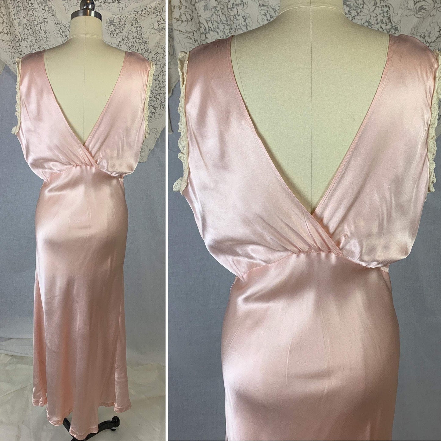 Vintage 1940's Night Gown | Pale Pink Rayon Satin with Floral Appliques & Ruffled Ivory Lace | Size LG, XL - Daggers & Dames