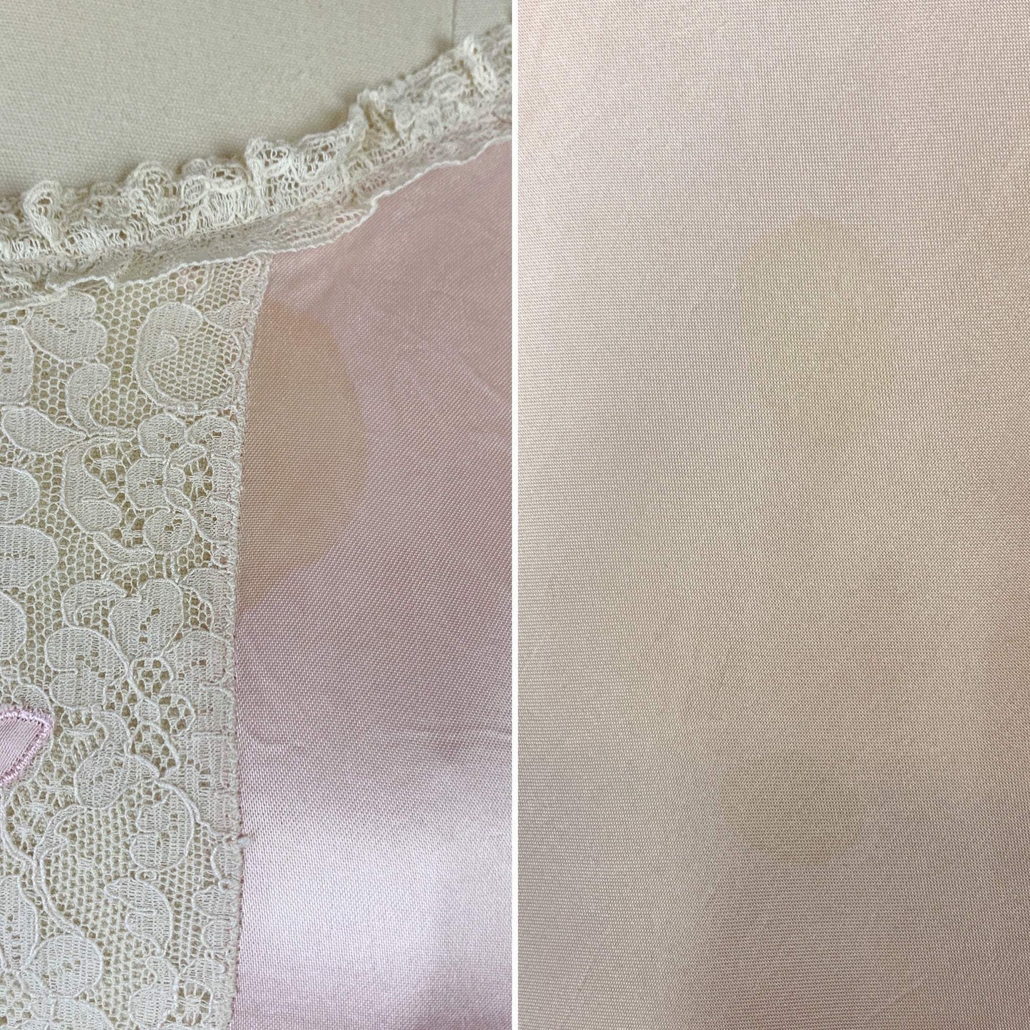 Vintage 1940's Night Gown | Pale Pink Rayon Satin with Floral Appliques & Ruffled Ivory Lace | Size LG, XL - Daggers & Dames