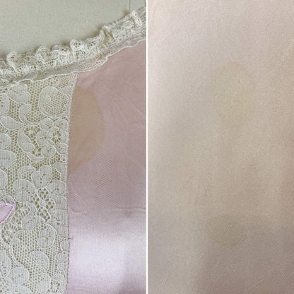 Vintage 1940's Night Gown | Pale Pink Rayon Satin with Floral Appliques & Ruffled Ivory Lace | Size LG, XL - Daggers & Dames