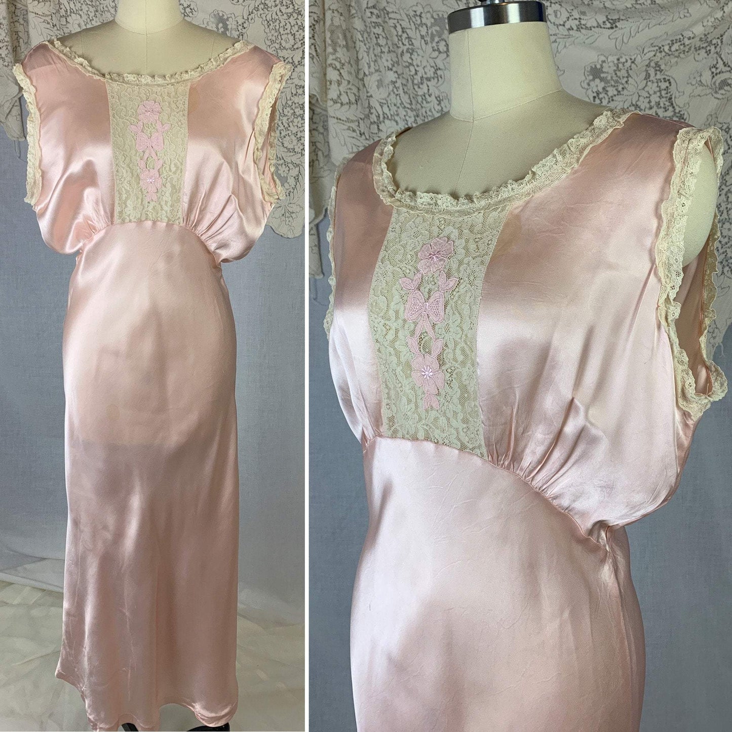 Vintage 1940's Night Gown | Pale Pink Rayon Satin with Floral Appliques & Ruffled Ivory Lace | Size LG, XL - Daggers & Dames