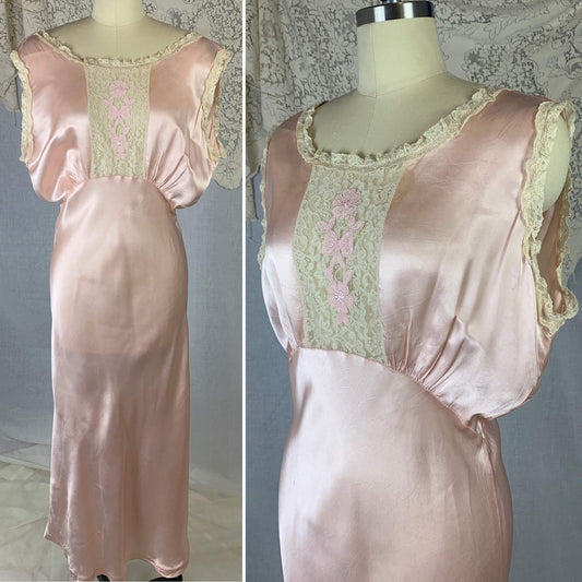 Vintage 1940's Night Gown | Pale Pink Rayon Satin with Floral Appliques & Ruffled Ivory Lace | Size LG, XL - Daggers & Dames