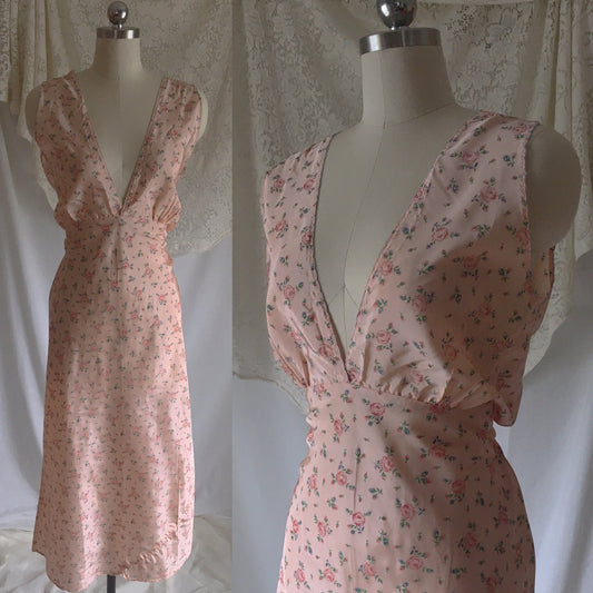 Vintage 1940's Nightgown | Antique Rose Pink Rayon Taffeta with Floral Pattern | Size LG, XLG - Daggers & Dames