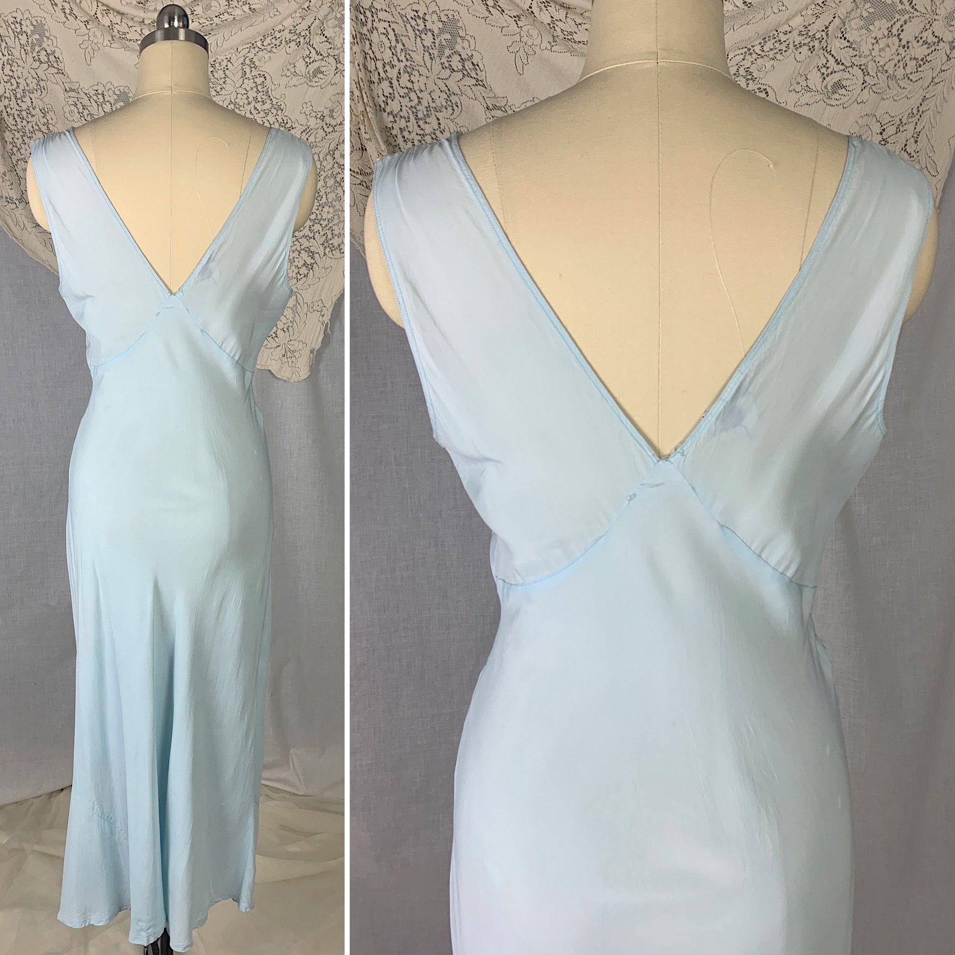 Vintage 1940's Nightgown | Baby Blue Rayon with Ivory Lace | Size S | Lady Edso - Daggers & Dames