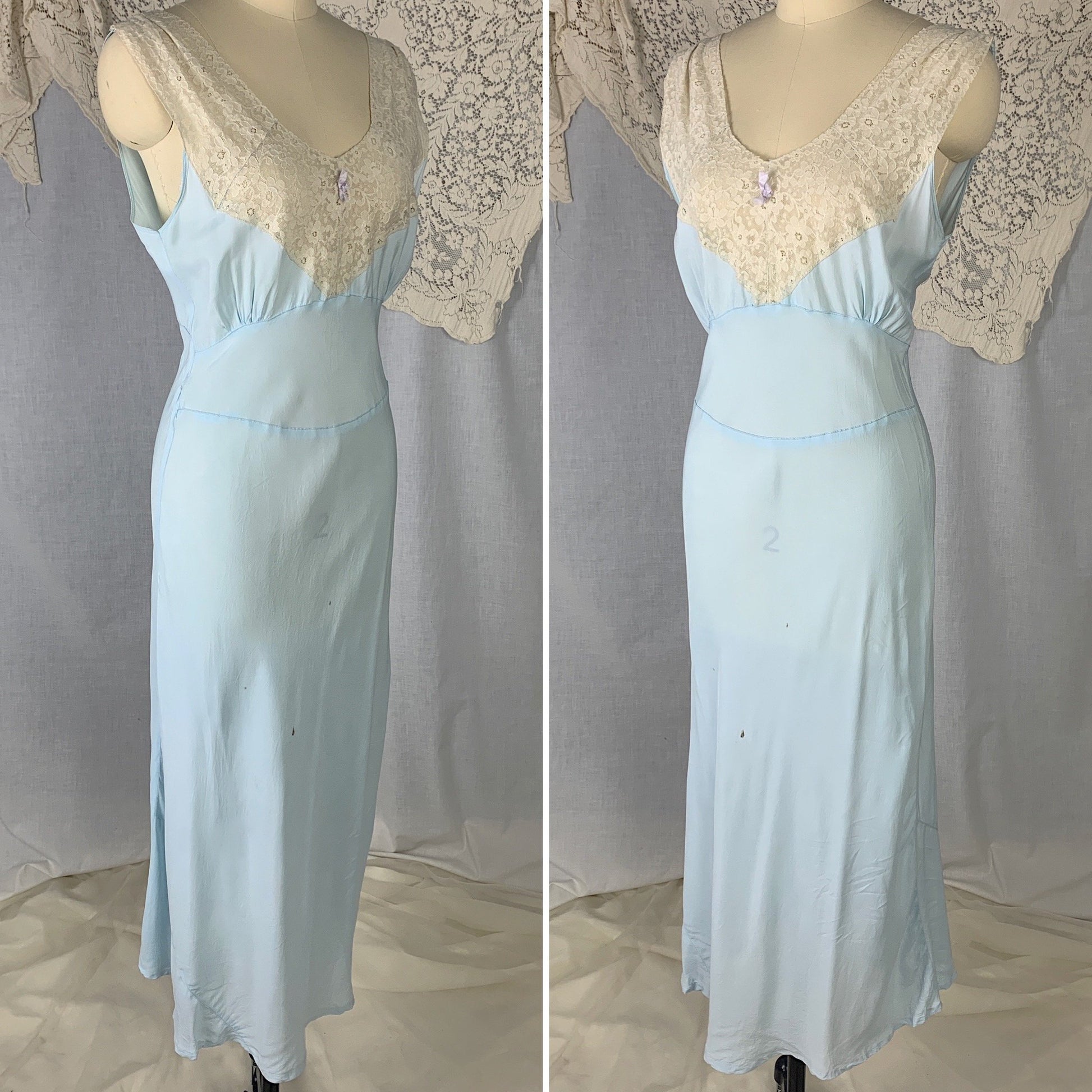 Vintage 1940's Nightgown | Baby Blue Rayon with Ivory Lace | Size S | Lady Edso - Daggers & Dames