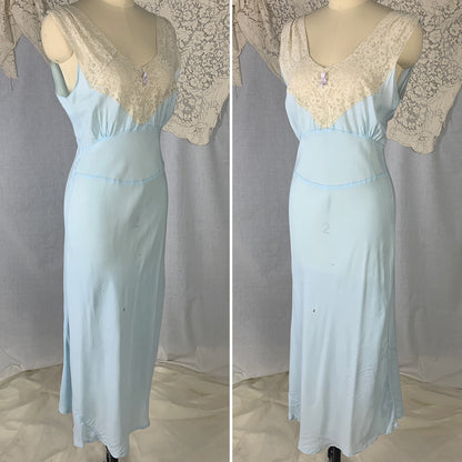 Vintage 1940's Nightgown | Baby Blue Rayon with Ivory Lace | Size S | Lady Edso - Daggers & Dames