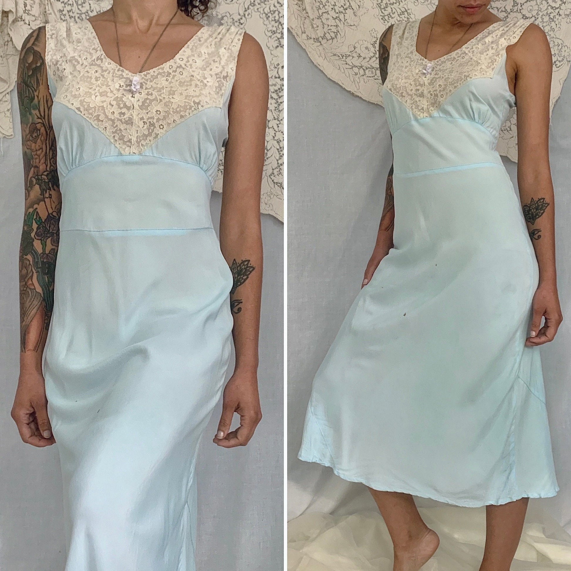 Vintage 1940's Nightgown | Baby Blue Rayon with Ivory Lace | Size S | Lady Edso - Daggers & Dames
