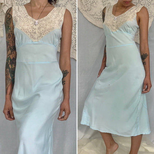 Vintage 1940's Nightgown | Baby Blue Rayon with Ivory Lace | Size S | Lady Edso - Daggers & Dames