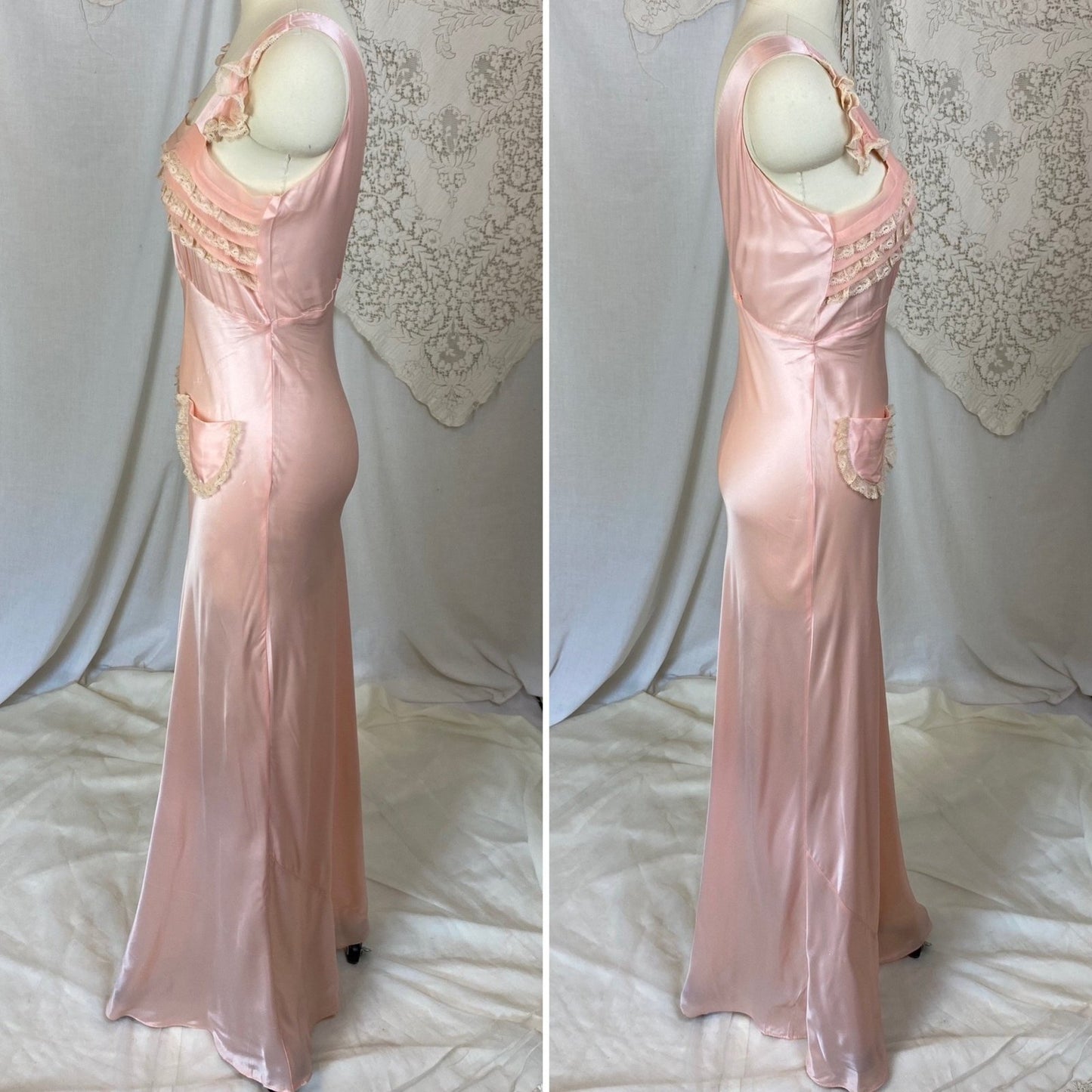 Vintage 1940's Nightgown | Baby Pink Rayon Satin with Ruffled Lace & Silk Chiffon | Size XS - Daggers & Dames