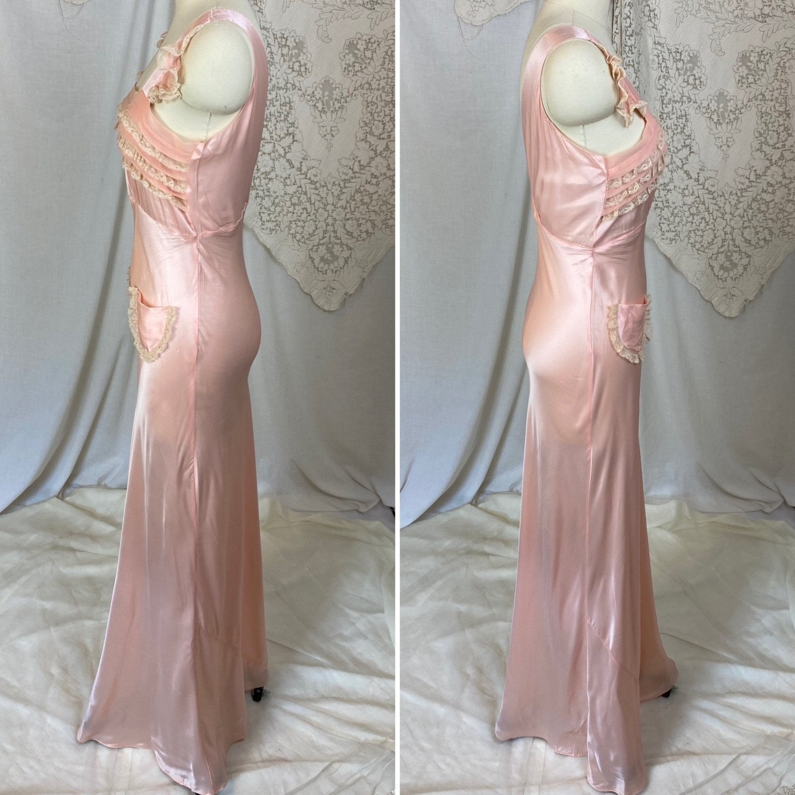 Vintage 1940's Nightgown | Baby Pink Rayon Satin with Ruffled Lace & Silk Chiffon | Size XS - Daggers & Dames