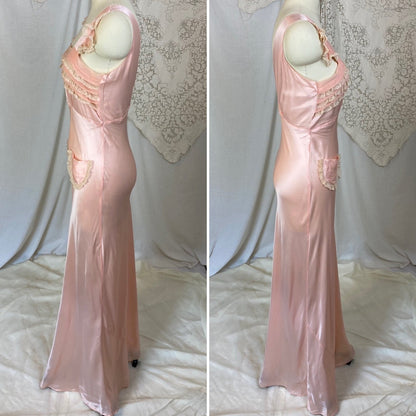 Vintage 1940's Nightgown | Baby Pink Rayon Satin with Ruffled Lace & Silk Chiffon | Size XS - Daggers & Dames
