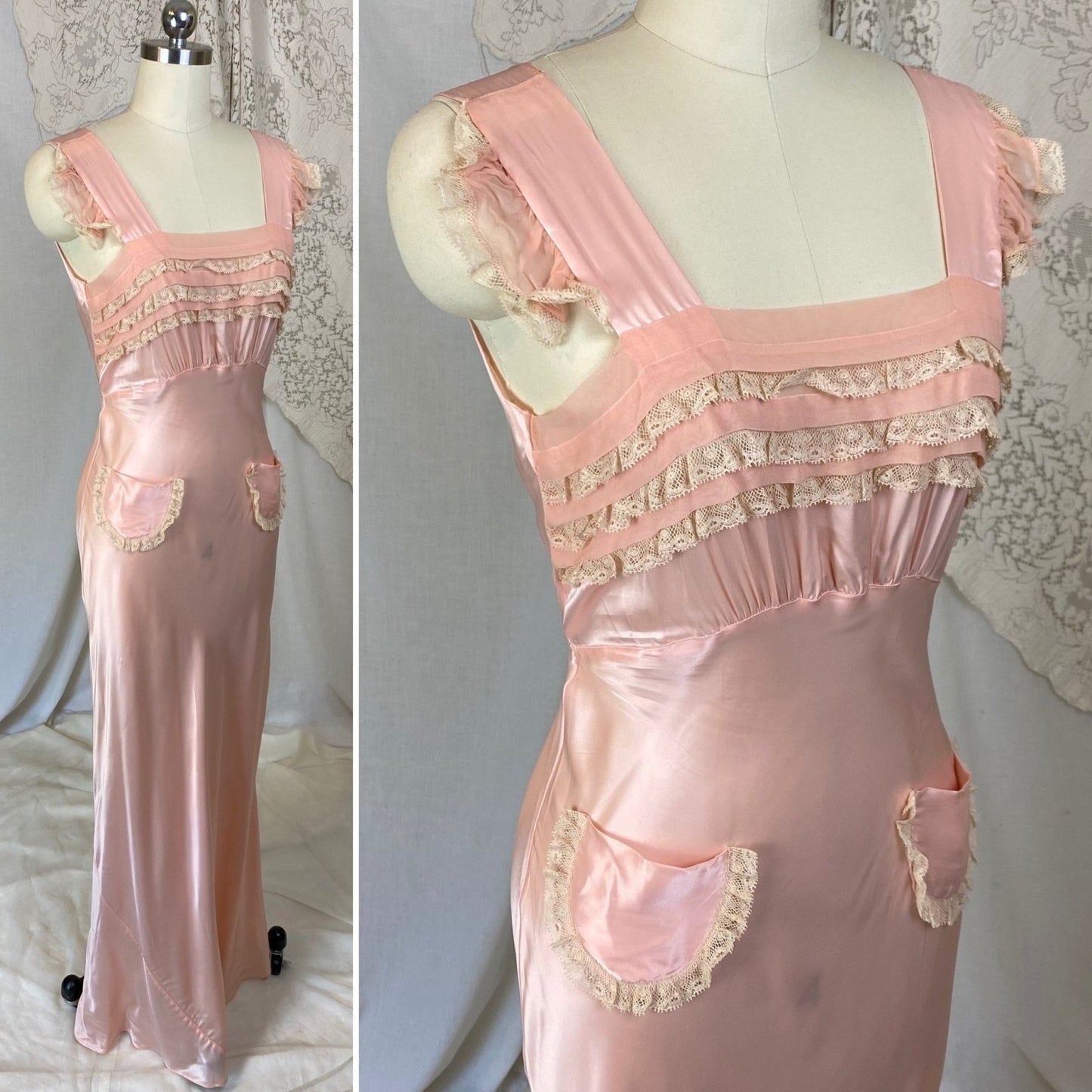 Vintage 1940's Nightgown | Baby Pink Rayon Satin with Ruffled Lace & Silk Chiffon | Size XS - Daggers & Dames