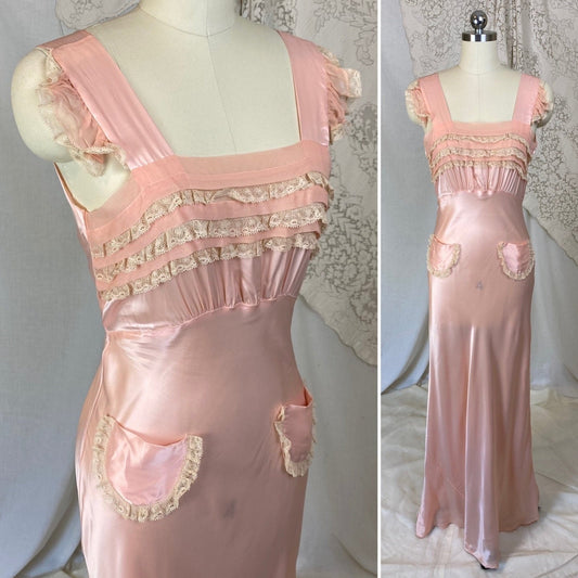 Vintage 1940's Nightgown | Baby Pink Rayon Satin with Ruffled Lace & Silk Chiffon | Size XS - Daggers & Dames