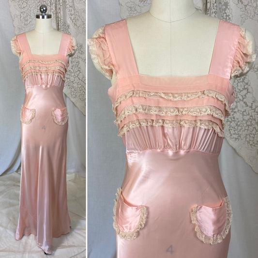 Vintage 1940's Nightgown | Baby Pink Rayon Satin with Ruffled Lace & Silk Chiffon | Size XS - Daggers & Dames