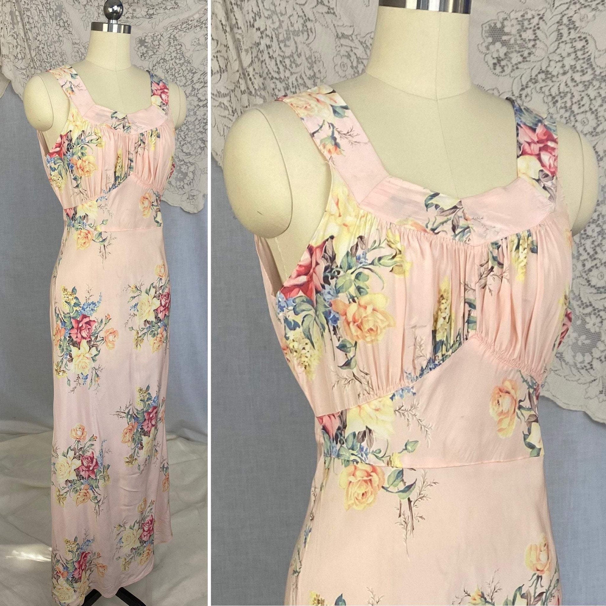 Vintage 1940's Nightgown | Baby Pink with Bold Floral Print | Size 34-36 Bust, S, M | Radcliffe -Never Worn - Daggers & Dames