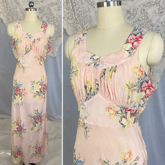 Vintage 1940's Nightgown | Baby Pink with Bold Floral Print | Size 34-36 Bust, S, M | Radcliffe -Never Worn - Daggers & Dames