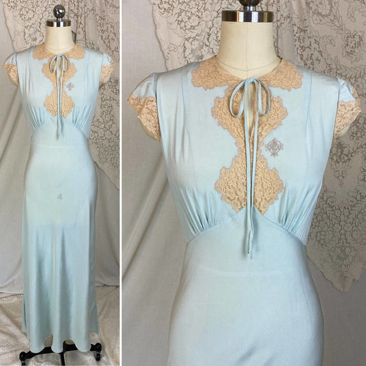 Vintage 1940's Nightgown & Bed Jacket Set | Icy Blue Silk with Pale Nude Floral Lace | Size XS - Daggers & Dames