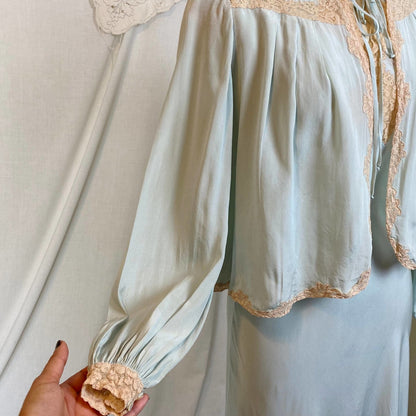 Vintage 1940's Nightgown & Bed Jacket Set | Icy Blue Silk with Pale Nude Floral Lace | Size XS - Daggers & Dames
