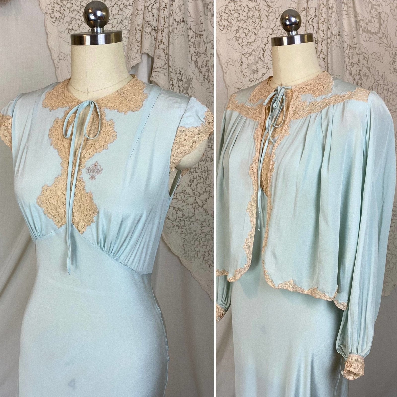 Vintage 1940's Nightgown & Bed Jacket Set | Icy Blue Silk with Pale Nude Floral Lace | Size XS - Daggers & Dames