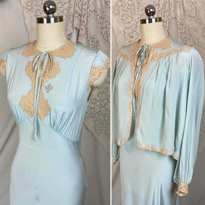 Vintage 1940's Nightgown & Bed Jacket Set | Icy Blue Silk with Pale Nude Floral Lace | Size XS - Daggers & Dames
